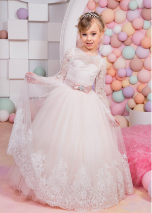 Ivory And Blush Pink Lace Tulle V Back Beaded Flower Girl Dress